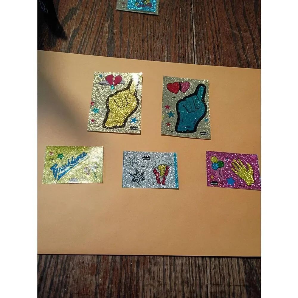 Lot of 5 Fleer Glitter Sticker Sheets Vintage 1980s Card Size and Smaller